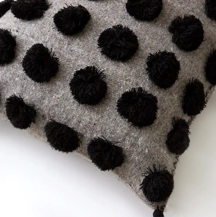 Ula Pom Pom Pillow - Grey/Black - 13 Hub Lane   |  Wool Pillows