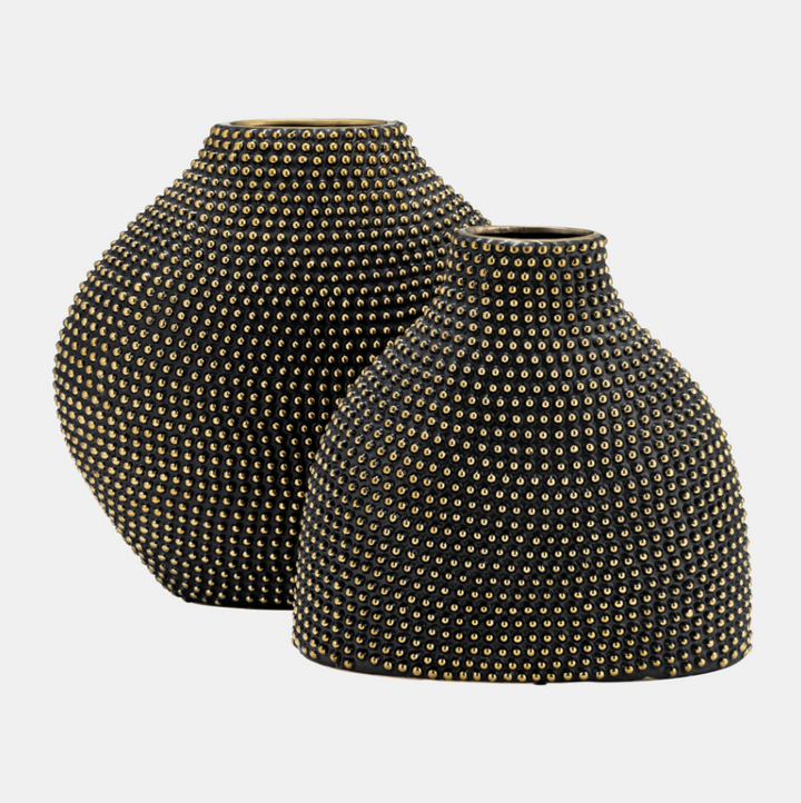 Ceramic Beaded Vase, Black & Gold