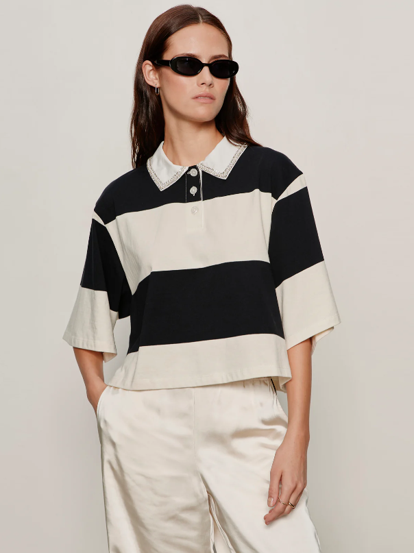 Embellished Striped Polo Tee, Collagen & Black - 13 Hub Lane   |  