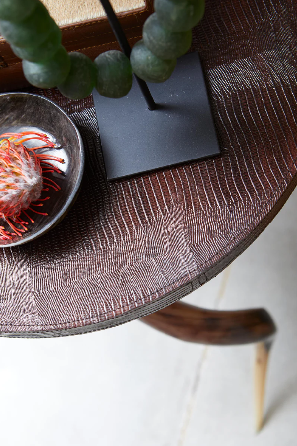 Polished Kudu Horn Table, Embossed Brown Leather