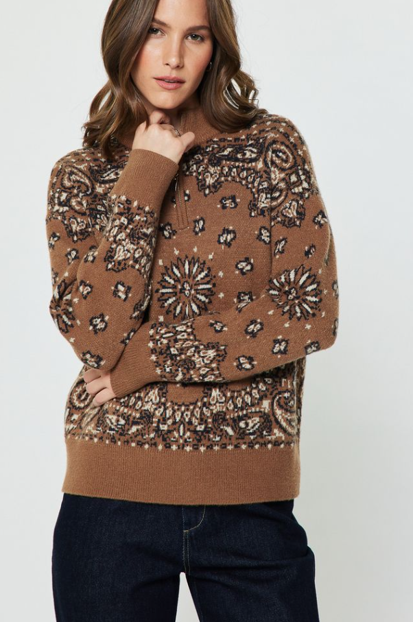Paisley Jacquard Half-Zip, Caramel