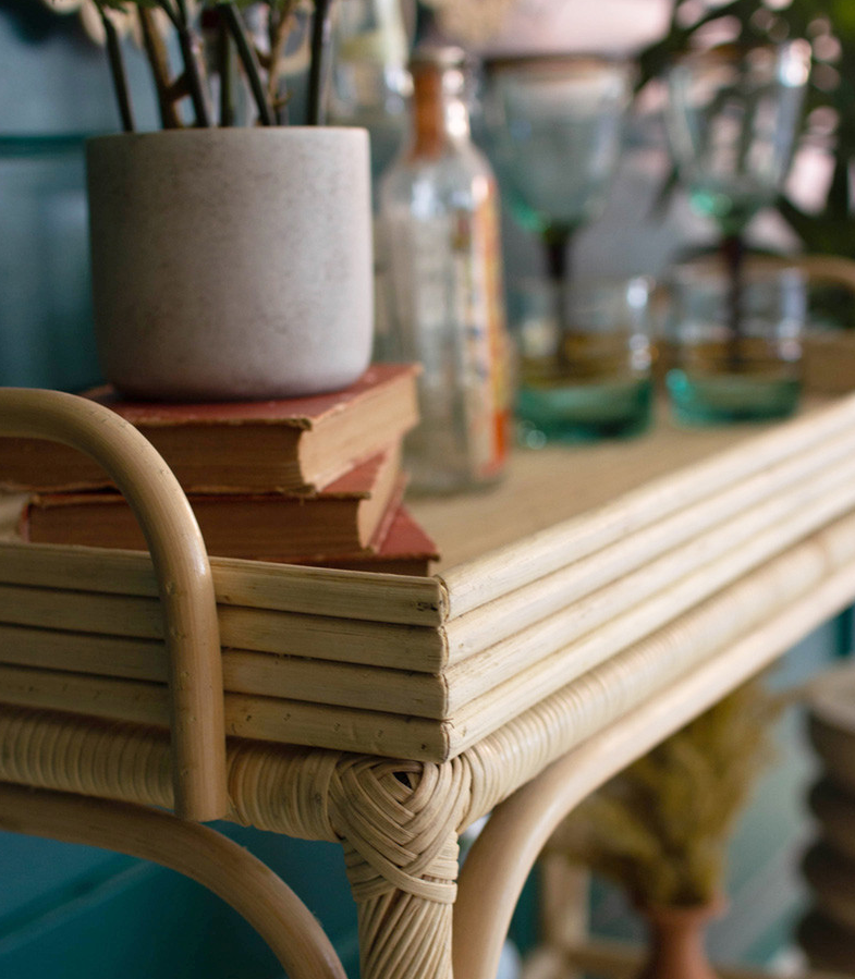 Woven Cane Boho Bar Cart / Tray Table - Thumbnail 3