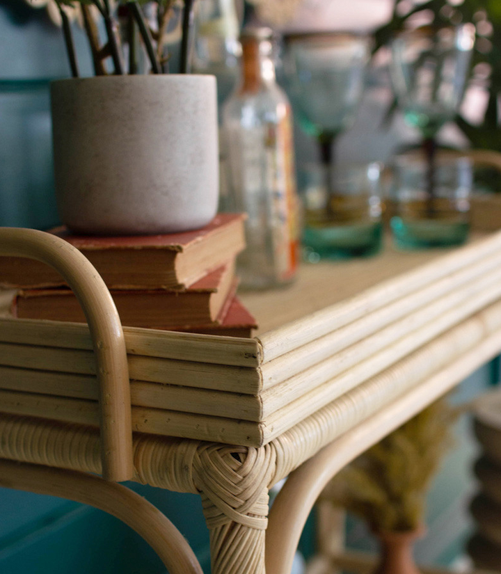 Woven Cane Boho Bar Cart / Tray Table