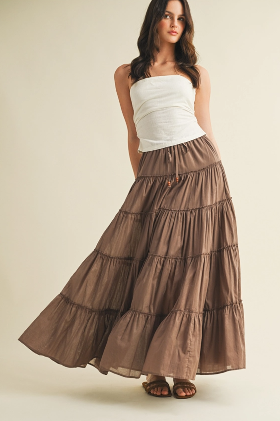 Drawstring Detail Tiered Maxi Skirt, Taupe - 13 Hub Lane   |  Maxi Skirts