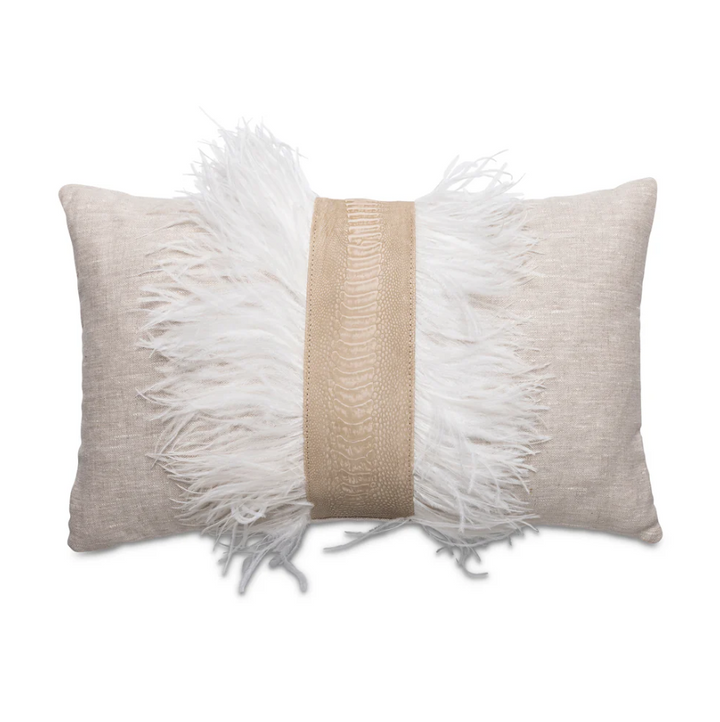Ostrich Trim Linen Lumbar Pillow, Stone Washed Natural - 13 Hub Lane   |  Ostrich Lumbars