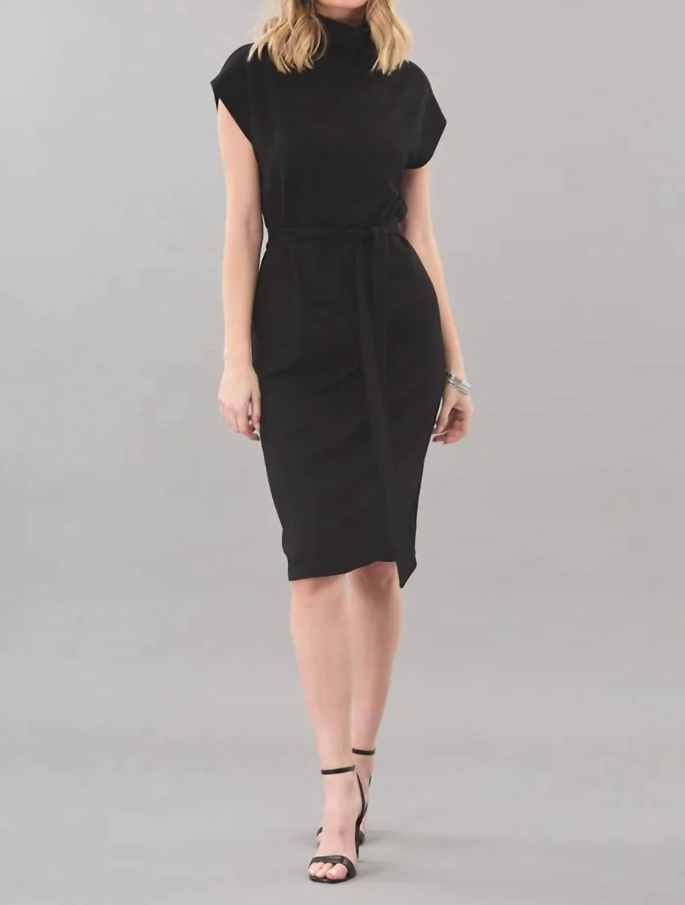 Scuba Cowl Neck Belted Dress, Black