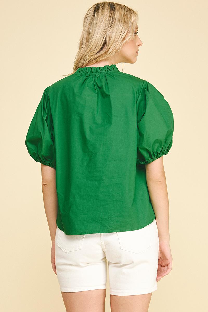 Short Sleeve V-Neck Woven Top, Garden Green