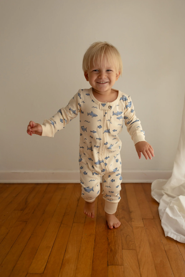 Organic Footless 2-Way Zipper Romper, Sharks
