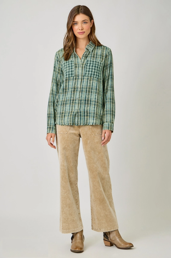 Fringed Bottom Washed Plaid Button-Up, Green