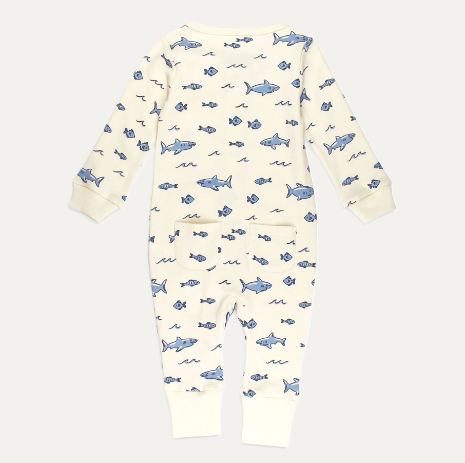 Organic Footless 2-Way Zipper Romper, Sharks
