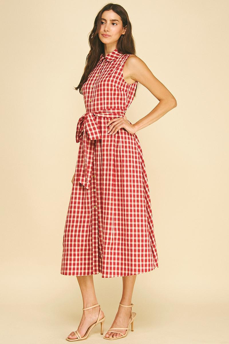 Gingham Check Button Down Midi Dress, Red