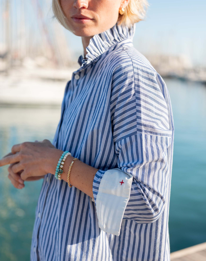 Emerson Elizabethan Collar Top, Blue Double Stripe