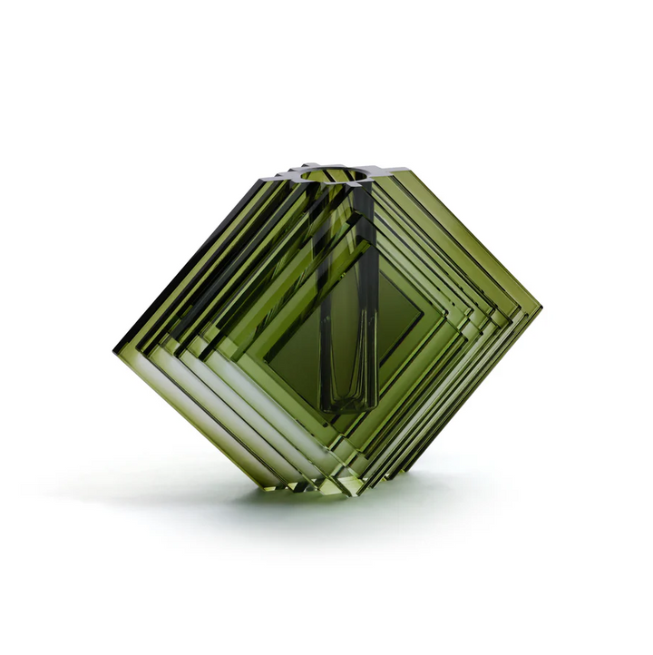 Stacked Concentric Diamond Motif Crystal Glass Vase, Green - 13 Hub Lane   |  Glass Vases