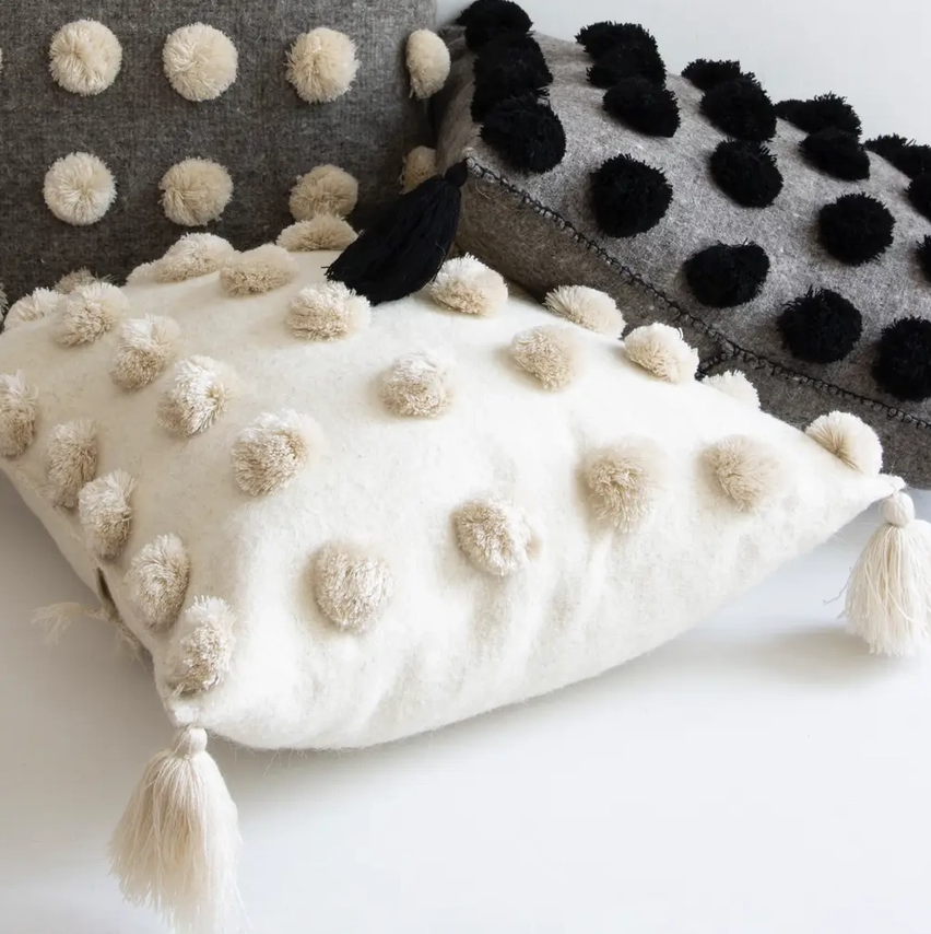 Ula Pom Pom Pillow - Grey/Black - 13 Hub Lane   |  Wool Pillows