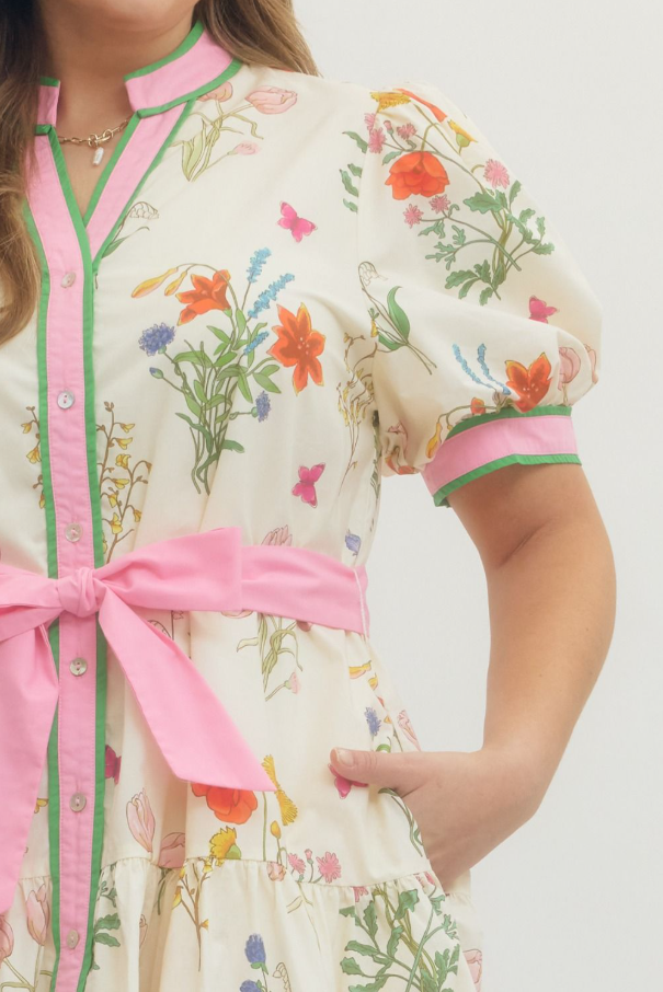 Floral Self-Tie Mini Dress, Cream - 13 Hub Lane   |  