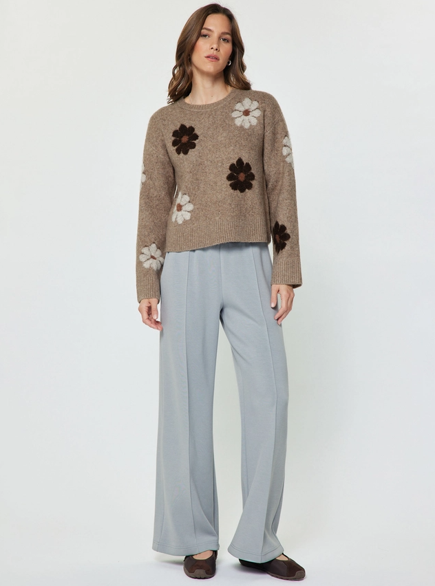 Floral Motif Crew Neck Sweater, Mocha Multi