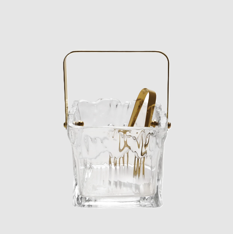 Textured Glass Ice Bucket w/ Gold Finish Handle & Tongs - 13 Hub Lane   |  