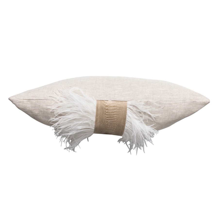 Ostrich Trim Linen Lumbar Pillow, Stone Washed Natural - 13 Hub Lane   |  Ostrich Lumbars