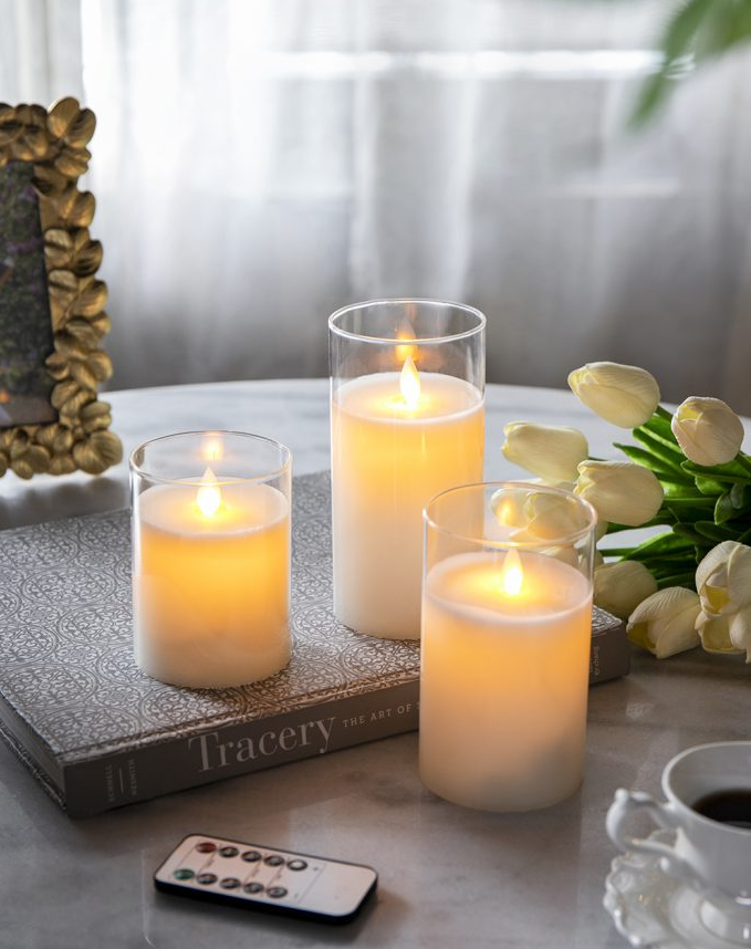 Real Flame-Effect LED Wax Candles w/ Remote Timer, White