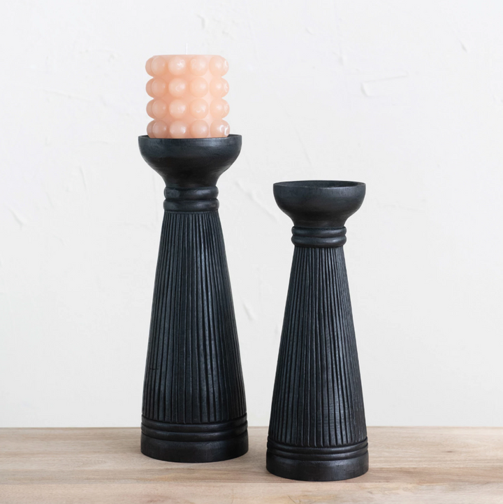Albasia Wood Ribbed Candle Holder, Black - 13 Hub Lane   |  Wood Candle Holders