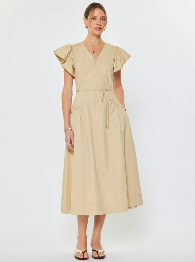 Ruffled Sleeve V-Neck Midi Dress, Sand - 13 Hub Lane   |  Midi Dresses