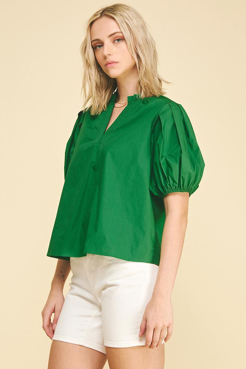 Short Sleeve V-Neck Woven Top, Garden Green
