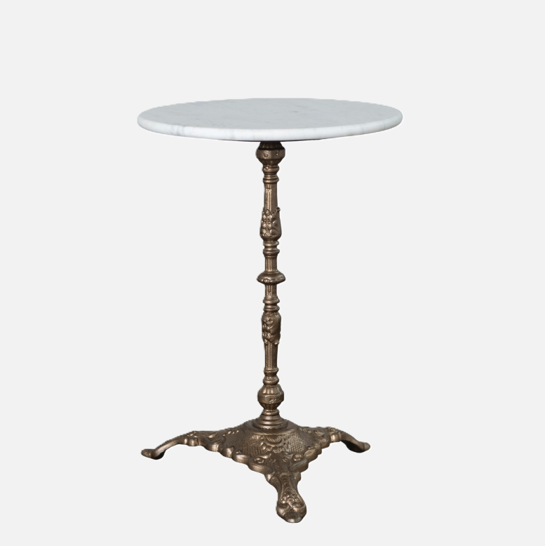 Marble Side Table w/ Embossed Metal Base, White & Gold