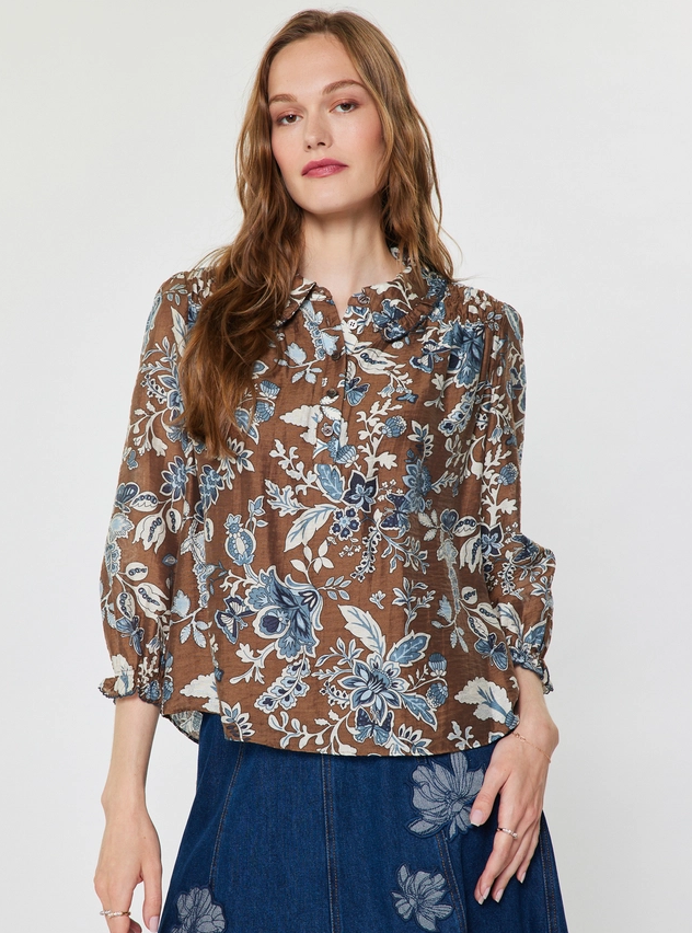 Botanical Floral Print Blouse, Blue & Brown Multi