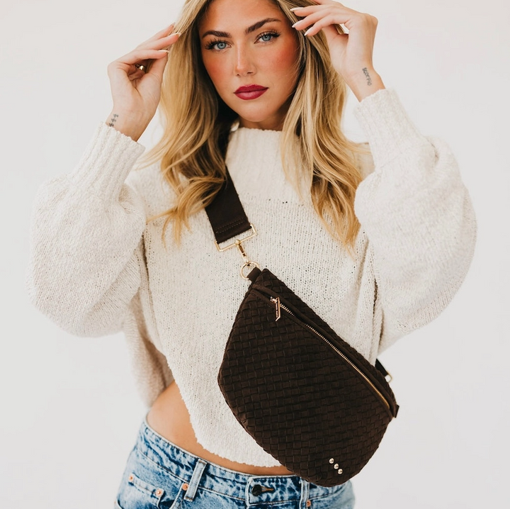Suede Westlyn Woven Bum Bag, Chocolate