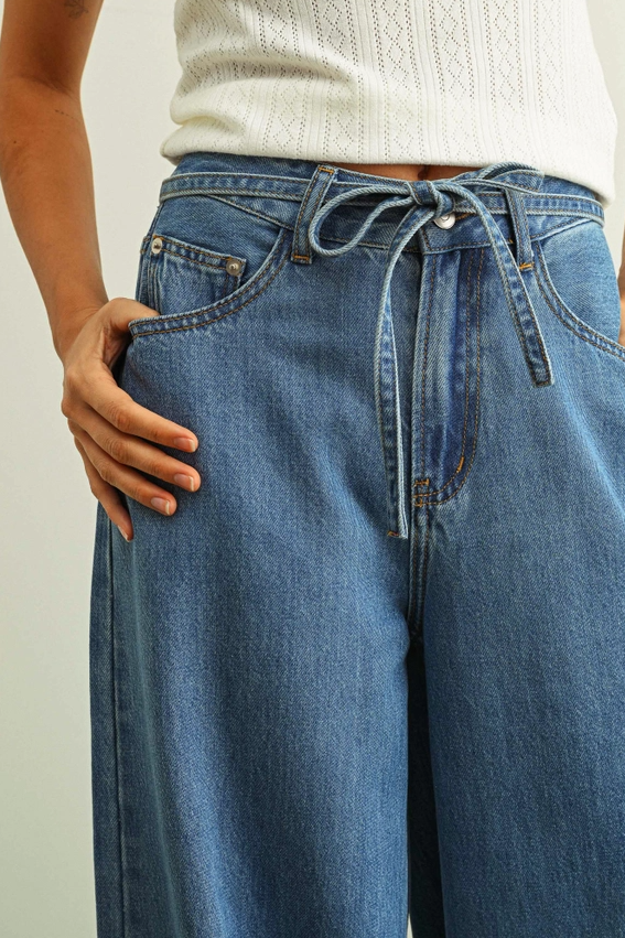 Wide Leg Denim Pants w/ Self Belt - 13 Hub Lane   |  Wide Leg Jeans
