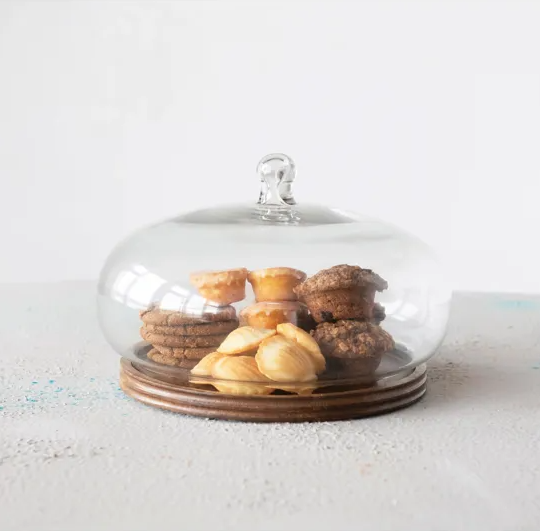 Glass Orb Shaped Cloche w/ Mango Wood Base