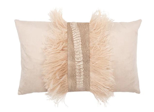 Ostrich Trim Velvet Lumbar Pillow, Moss - 13 Hub Lane   |  