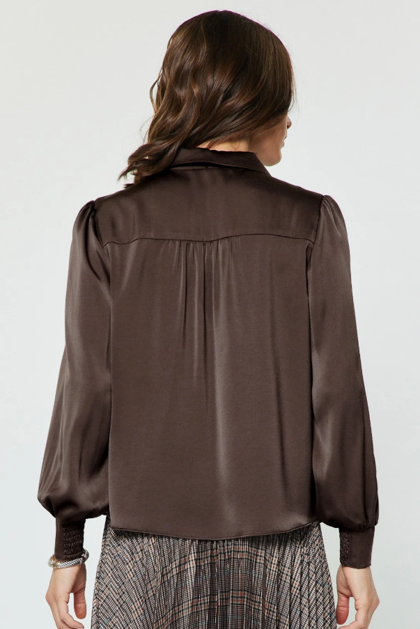 Satin Bow Tie Button-Up, Brown