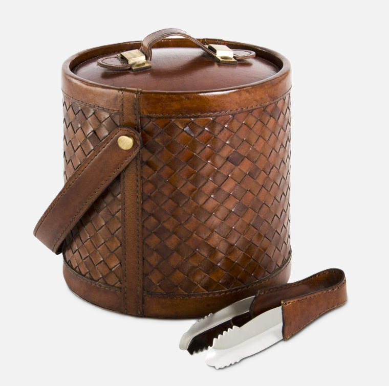 Leather Basket Weave Ice Bucket w/ Tongs