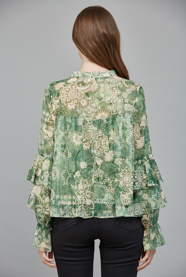 Chiffon & Lurex Ruffle Blouse, Green Multi