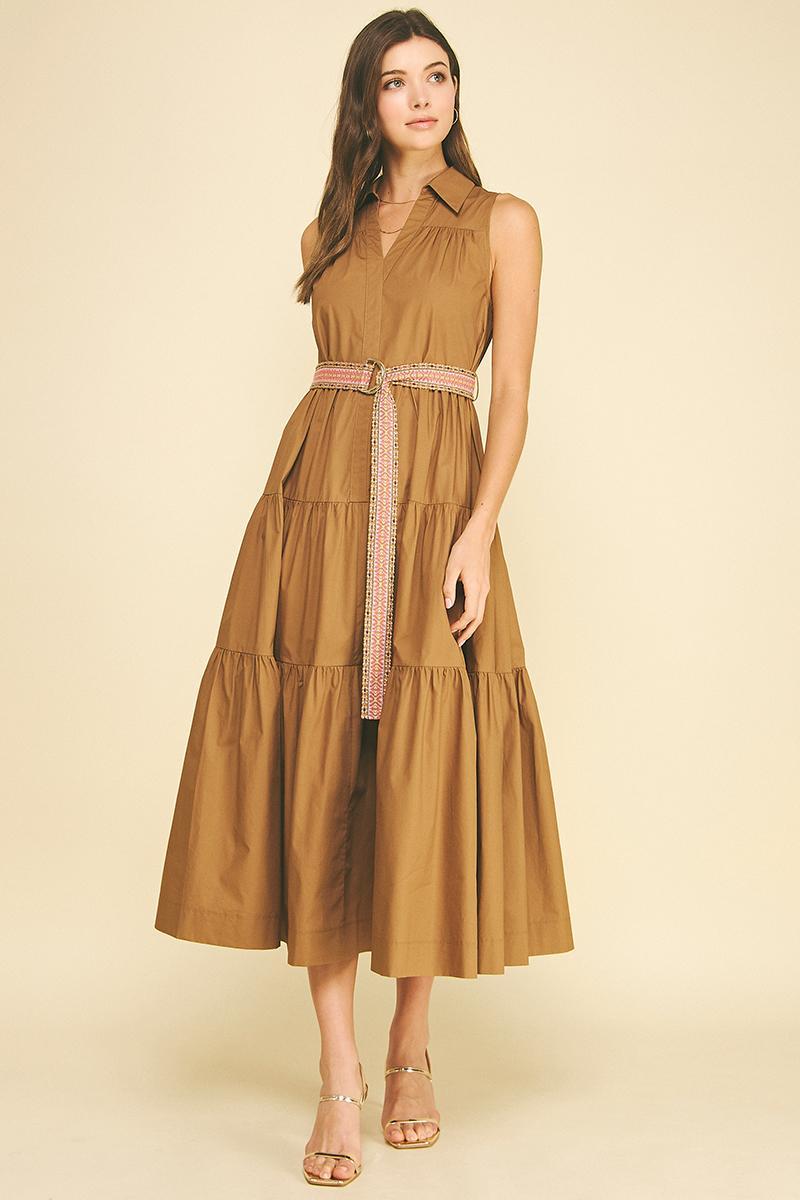 Tiered Midi Dress w/ Belt, Mocha