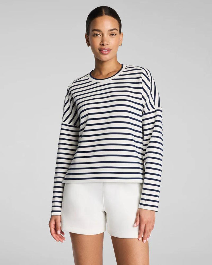 SPANX AirEssentials Crewneck Long Sleeve Top, Powder/ Timeless Navy Stripe