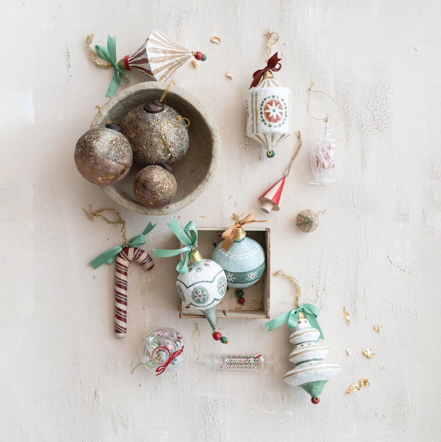 Hand-Painted Paper Mache Ornament w/ Bow - 13 Hub Lane   |  Paper Mache Ornaments