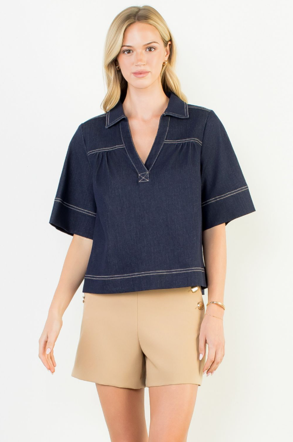 Denim V-Neck Top - 13 Hub Lane   |  Split Neck Tops