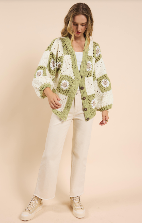 Myriam Daisy Crochet Cardigan, Ivory Green