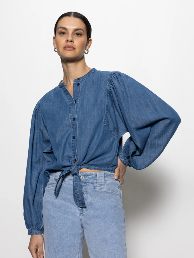 Tie Front Volume Blouse, Slate Blue