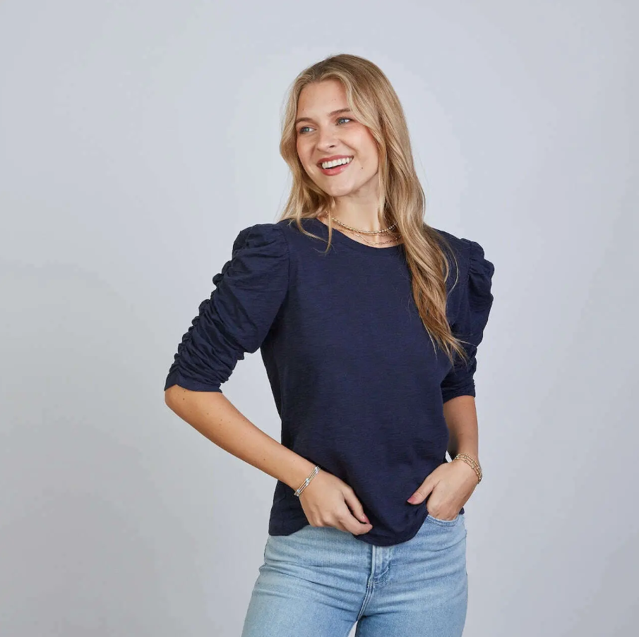 Sophie Ruched Elbow Length Tee, Navy