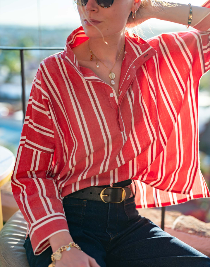 Emerson Top, Rojo Wide Stripe - 13 Hub Lane   |  Ruffle Collar Button-Ups