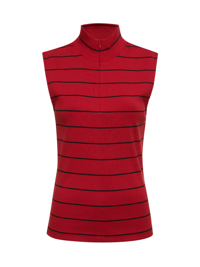 Striped Sleeveless Zip Mock Neck Top, Red Energy & Black - 13 Hub Lane   |  Mock Neck Tanks