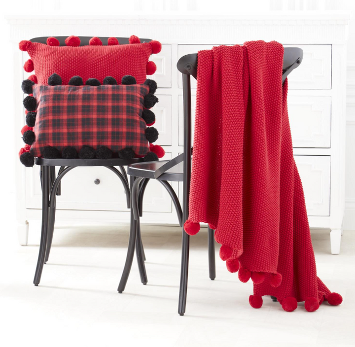60" Moss Stitch Knit Throw Blanket w/ Pompom Trim