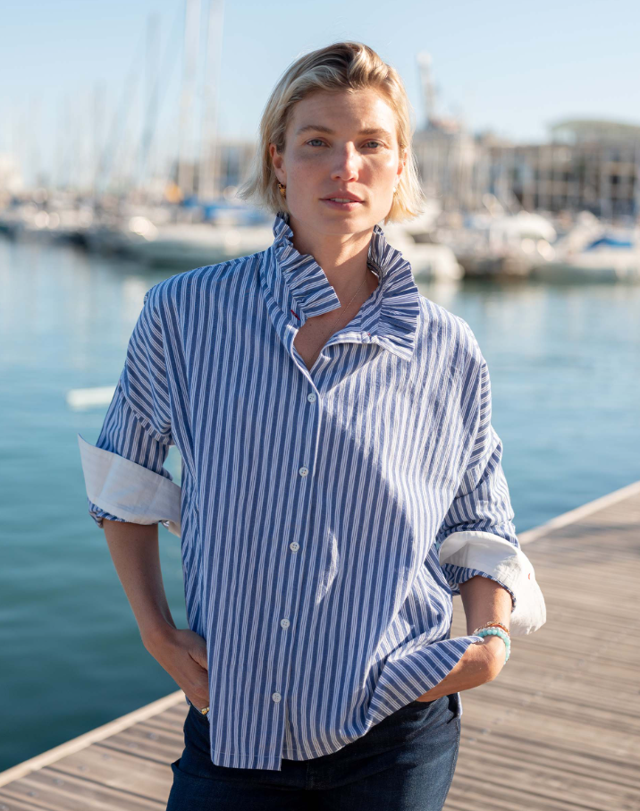 Emerson Elizabethan Collar Top, Blue Double Stripe