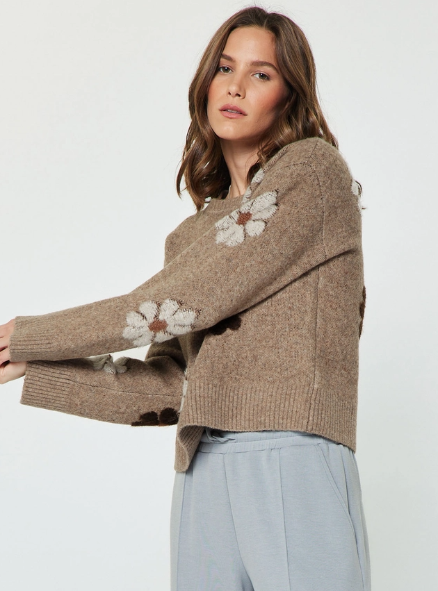 Floral Motif Crew Neck Sweater, Mocha Multi
