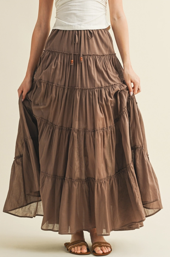 Drawstring Detail Tiered Maxi Skirt, Taupe - 13 Hub Lane   |  Maxi Skirts