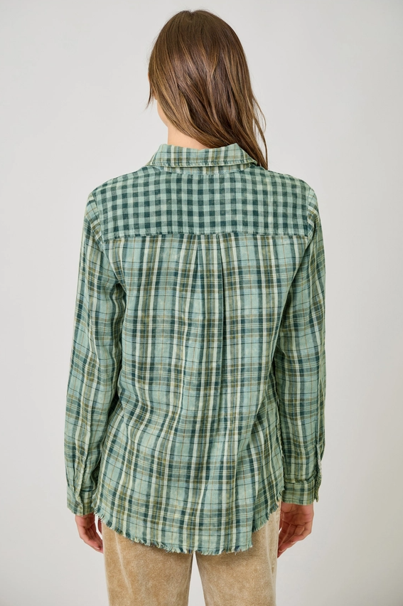 Fringed Bottom Washed Plaid Button-Up, Green