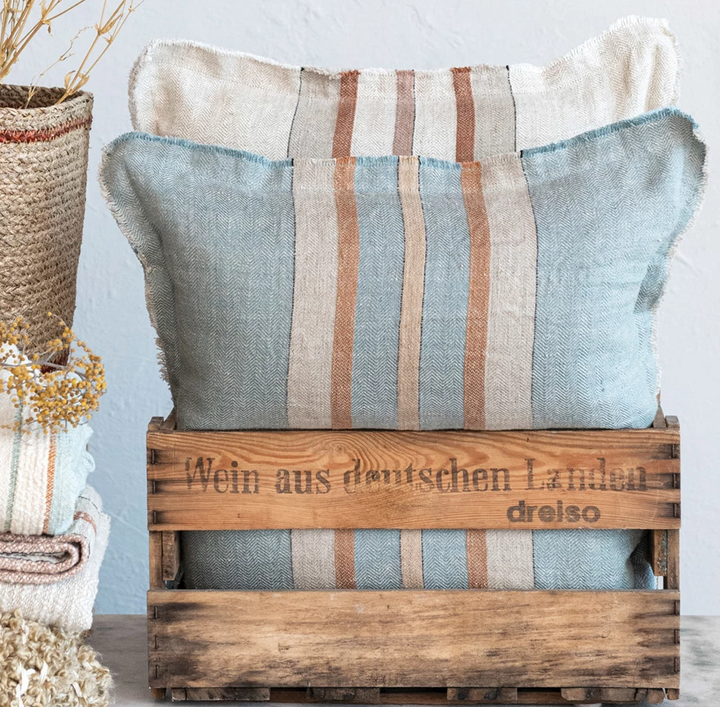 Woven Linen Pillow w/ Stripes, Cotton Slub Back & Fringe